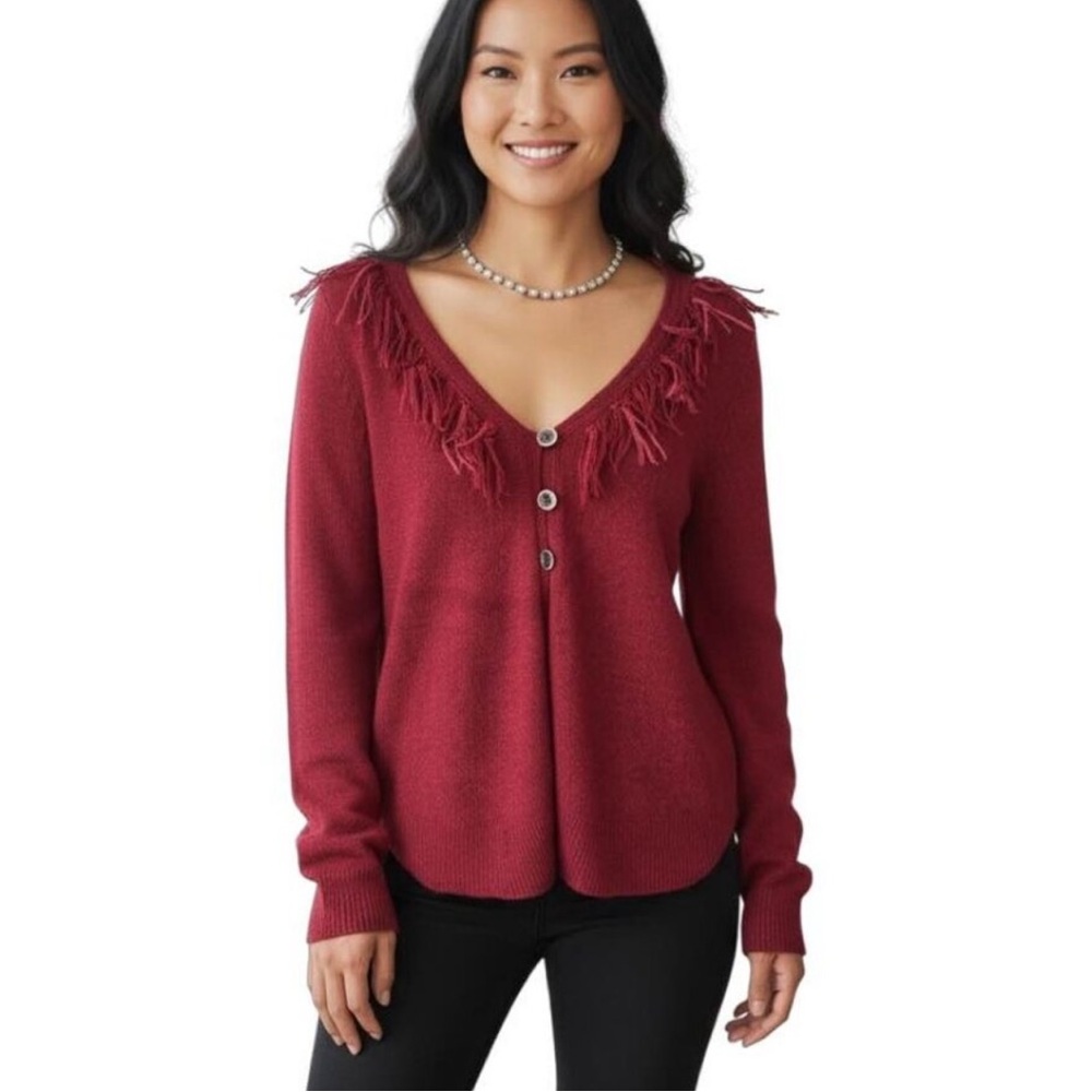 J Jill Burgundy Fringe Silk Linen Rayon Blend Cardigan Sweater Size XL